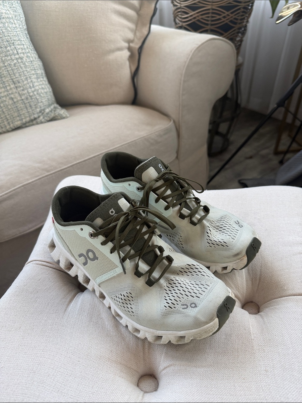 On Running Women's White and Olive Green Cloud Sneakers